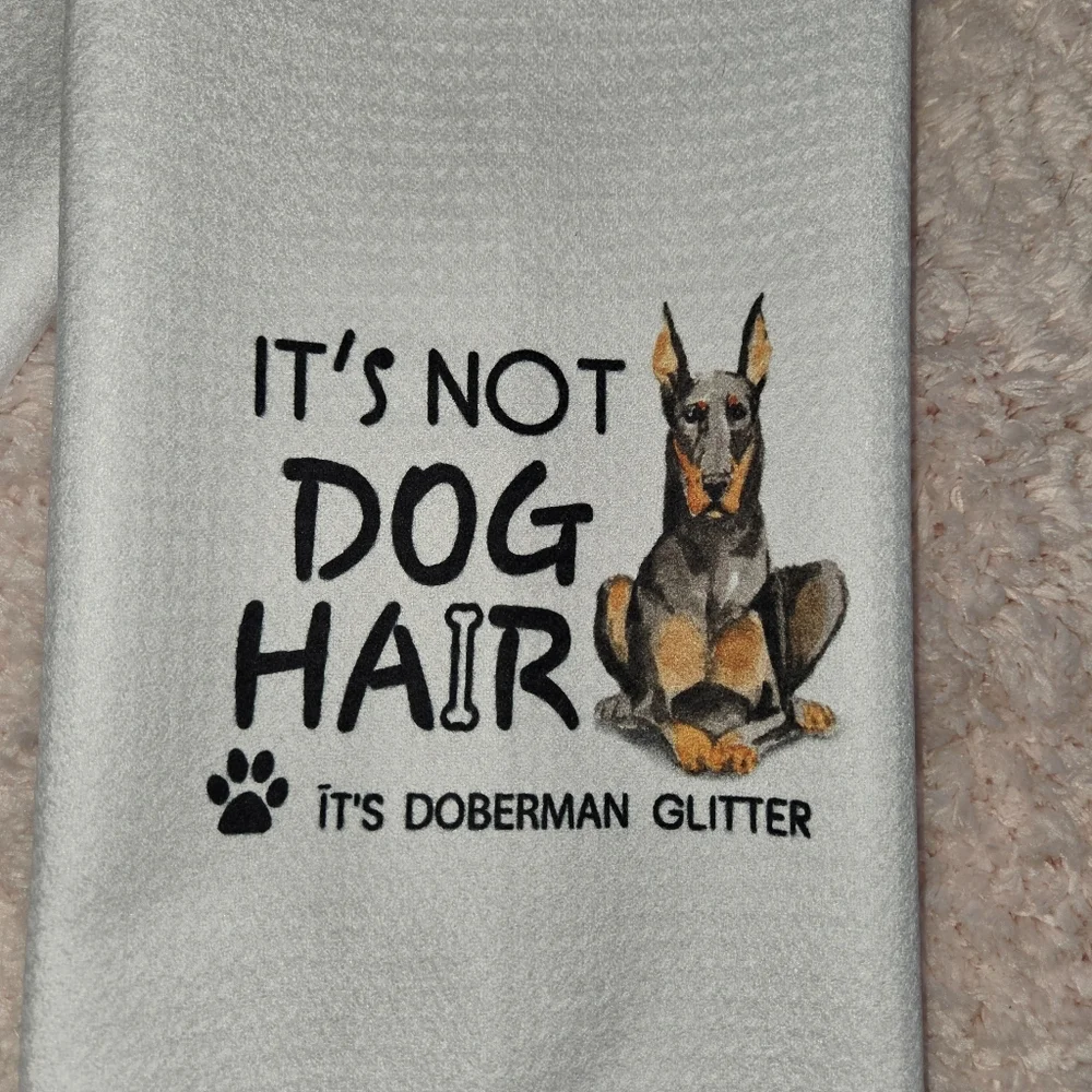 Dog Towels - White Doberman pincher dog glitter kitchen towel set